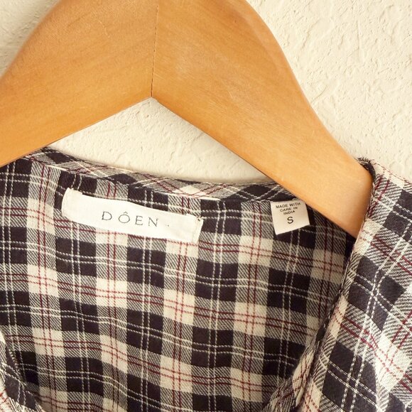 Doen Joelle Navy Counrty Side Plaid Checked Ruffle Collar Button Down Top Size S - Picture 4 of 7